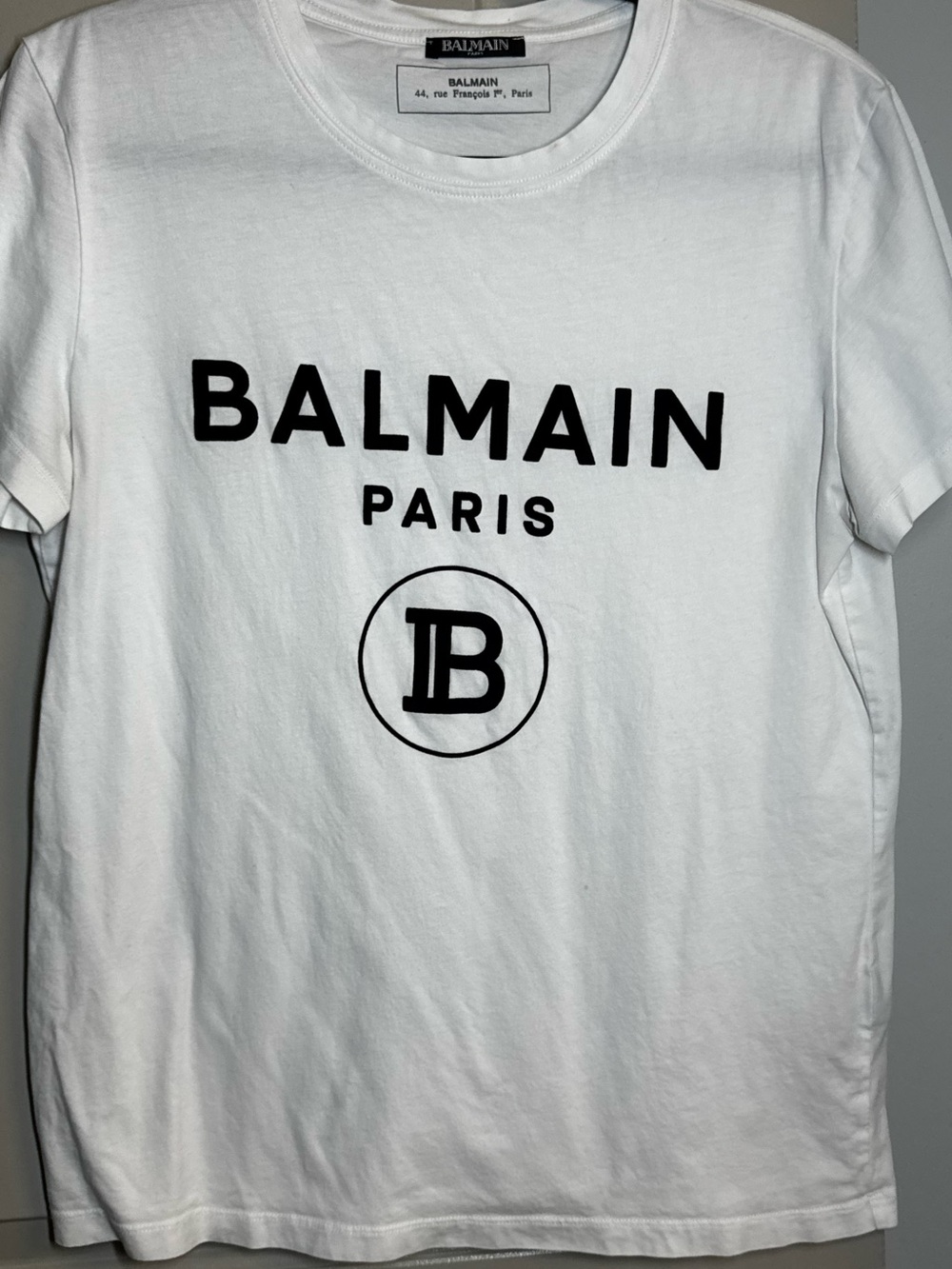 Balmain White T-Shirt with Black Logo Print